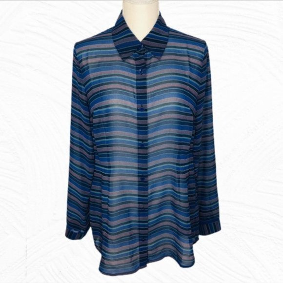 CAbi Alex Striped Split Back Blouse Blue Small - Picture 7 of 10